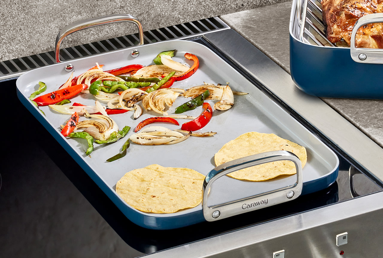 Double Burner Griddle - Navy - Lifestyle With Food